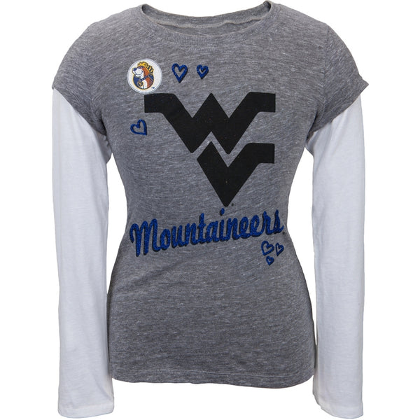 West Virginia Mountaineers - Glitter Hearts Girls Youth 2fer Long Sleeve T-Shirt