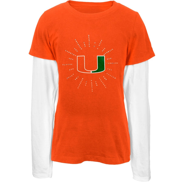 Miami Hurricanes - Rhinestone Ray Girls Juvy 2fer Long Sleeve T-Shirt