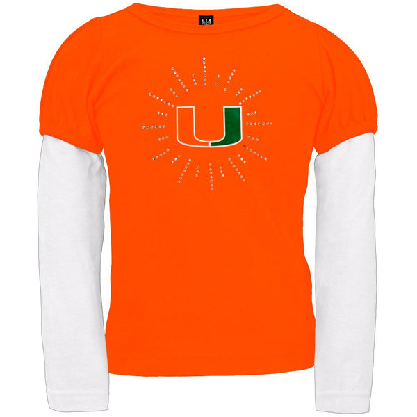 Miami Hurricanes - Rhinestone Ray Logo Girls Youth 2fer Long Sleeve T-Shirt