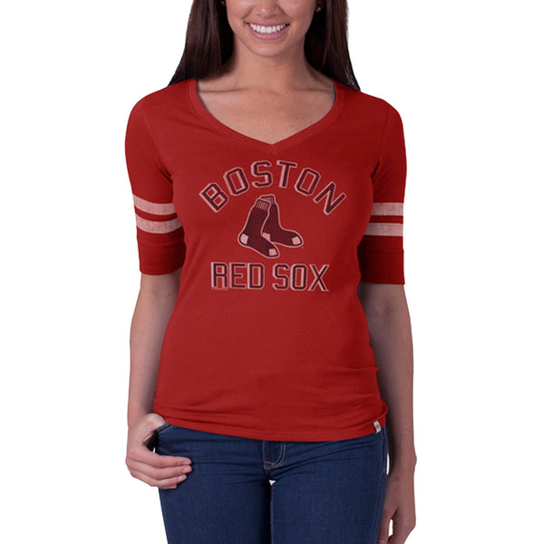 Boston Red Sox - Flanker Logo Half Sleeve Juniors V-Neck T-Shirt