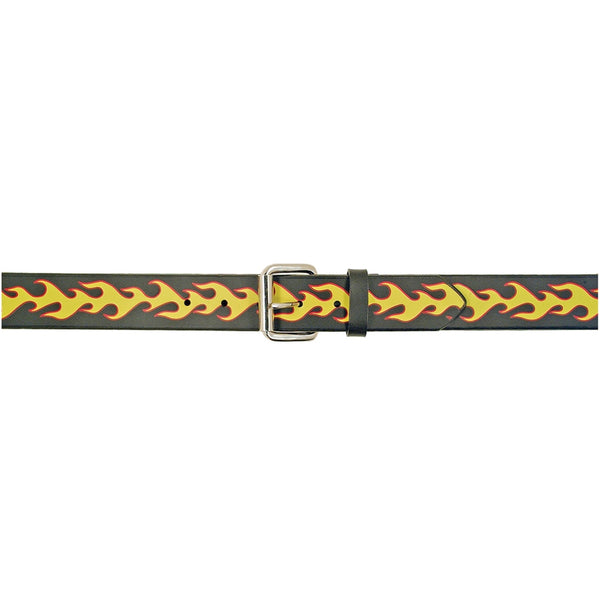 Yellow & Red Flames Black Leather Belt
