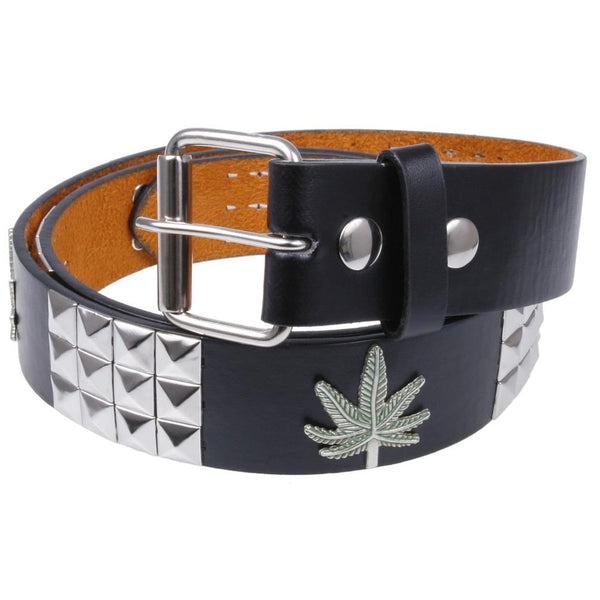 Pot Leaf Studded Leather Belt
