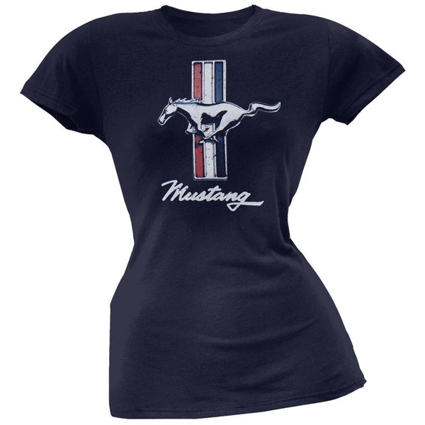Ford - Vintage Mustang Logo Navy Juniors T-Shirt