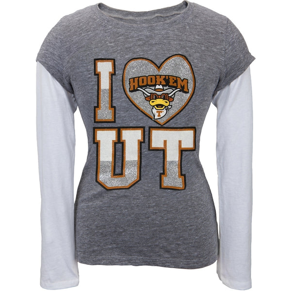 Texas Longhorns - Glitter I Heart Girls Youth 2fer Long Sleeve T-Shirt