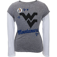 West Virginia Mountaineers - Glitter Hearts Girls Youth 2fer Long Sleeve T-Shirt