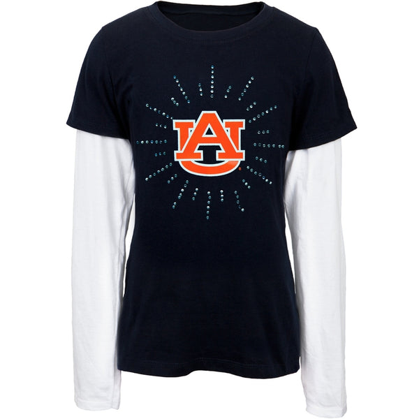 Auburn Tigers - Rhinestone Ray Logo Girls Juvy 2fer Long Sleeve T-Shirt