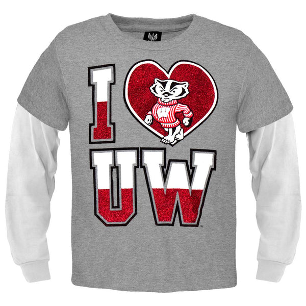Wisconsin Badgers - Glitter Heart Girls Youth 2fer Long Sleeve T-Shirt
