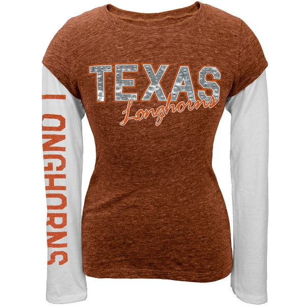 Texas Longhorns - Rhinestone Foil Girls Youth Soft 2fer Long Sleeve T-Shirt