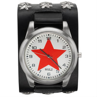 Red Star on White - Leather Strap Watch with Star Studs