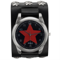 Red Star on Black - Leather Strap Watch with Star Studs