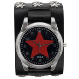 Red Star on Black - Leather Strap Watch with Star Studs