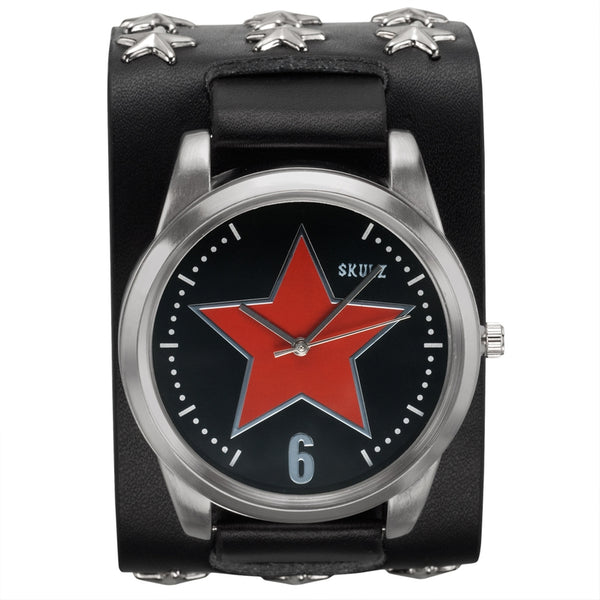 Red Star Outlined on Black - Leather Strap Watch with Star Studs