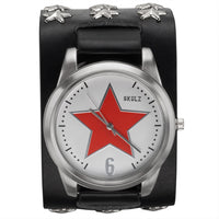 Red Star on White - Black Leather Strap Watch with Star Studs