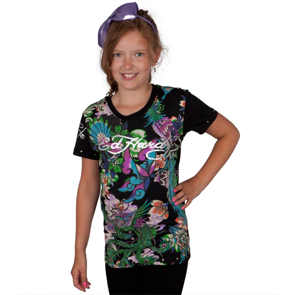 Ed Hardy - Dragon & Bird Collage Girls Youth T-Shirt