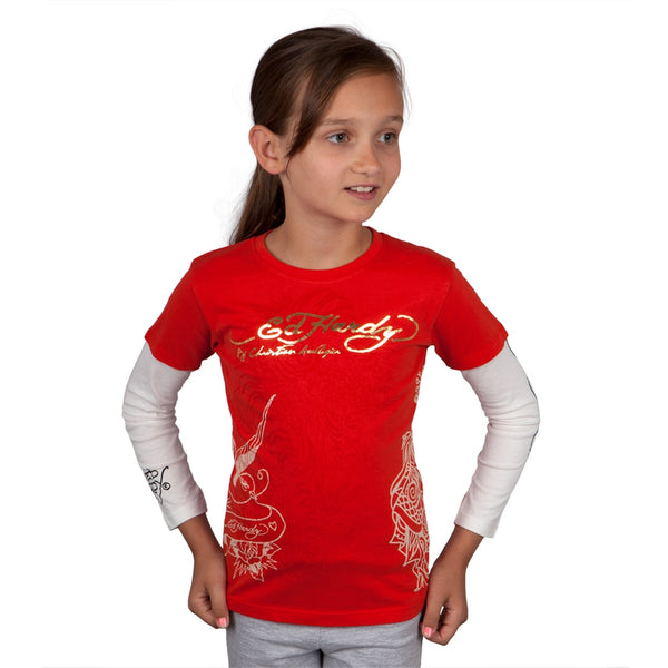 Ed Hardy - Side Koi Fish Stencil Girls Juvy 2fer Long Sleeve T-Shirt