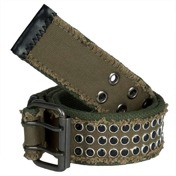 Frayed Jewel Studded Olive Web Double Grommet Belt