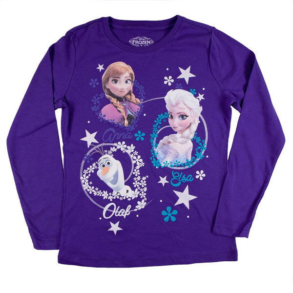 Frozen - Group Flakes & Hearts Girls Youth Purple Long Sleeve T-Shirt