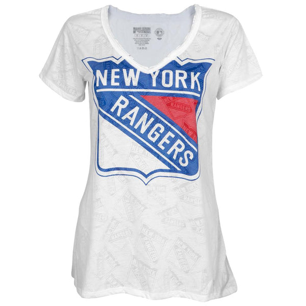 New York Rangers - Large Logo Juniors Burnout V-Neck T-Shirt